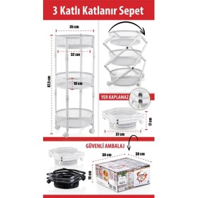 Resim Doremcy 3 Katlı Pratik Katlanır Metal Renk Tekerlekli Sepet Patates Soğanlık - Çok Amaçlı Organizer 