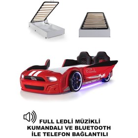 Resim Bazalı Arabalı Yatak Kırmızı Kapıları Açılan Mustang Full Ledli Kumandalı Ve Müzikli 90x190 Cm 