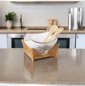 Resim Bambu Standlı Gold Detaylı Porselen Yuvarlak Salata Kasesi Seti Servis Kasesi 