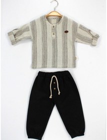 Resim Babyhola Bayramlık Erkek Bebek İkili Takım Katlanabilir Kollu Müslin Üst Ve Pantolon Set 2218 Füme 