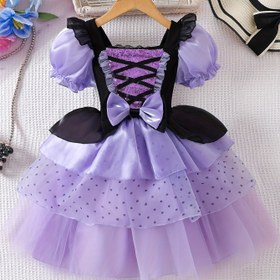 Resim Kızların Zarif Kelebek Kurdele Detayı 3 Katlı Tül Prenses Elbisesi - Lavanta ve Siyah Katmanlı Etek Halloween, Bahar Yaz Sonbahar Özel Günler İçin 
