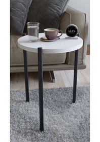 Resim 3'lü Yuvarlak Zigon Sehpa Seti Metal Ayaklı Salon Oturma Odası Yan Sehpa - Kahve Sehpası Beyaz 
