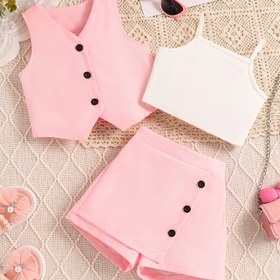 Resim Yeni Avrupa ve Amerikan Kızların Moda Yaz Yaka Tek Düğmeli Kolsuz Yelek Ceket + Askılı Etek Şort Üç Parça Set Yeni Ürünler, Açık Hava için 