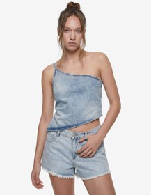 Resim Rahat Kalıp Taş Detaylı Pamuklu Fermuarlı Askılı Asimetrik Denim Bluz 