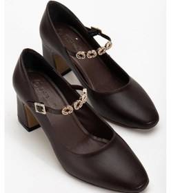 Resim Kadın Stiletto Topuklu Ayakkabı Kahve Suni Deri Baret Taşlı Kalın Topuklu-4172 Kahve 