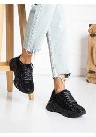 Resim Prego Tayyar Gri Taşlı Yüksek Taban Bağcıklı Poli Hafif Taban Kadın Spor Siyah 13120 S Siyah 