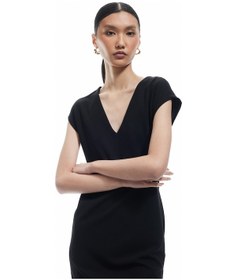 Resim Koton Bürümcük Kumaş Slim Fit Kolsuz Midi Boy V Yaka Bodycon Elbise Siyah 5sak80329ek Siyah 