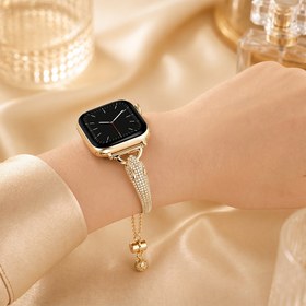 Resim Apple Watch Saat Jaguar Tasarımlı Şık Taşlı Kordon Açık Gold - 38/40/41 