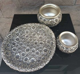 Resim Dekoratif Polyester Üçlü Tabaklı Papatyalı Vazo Seti Gümüş 