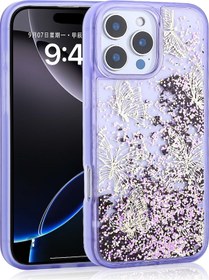 Resim İphone 14 Pro Max Uyumlu Kılıf Sıvılı Simli Kelebek Baskılı Şeffaf Arka Yüzey Zore Glis Silikon Kapa Mor 
