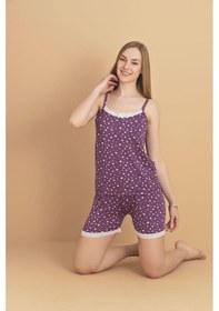 Resim Pijamerry Kadın İp Askılı Milan Kumaş Likralı Şortlu Pijama Takımı 5963 - 1 Adet Mor 
