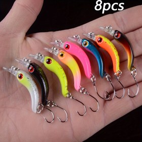 Resim 8'li Üst Su Balık Tutma Yemleri, Karma Renk Mini Minnow Yemi Seti, Üçlü Çengelli, ABS Malzeme - Tatlı Su ve Deniz Suyu Yüzey Swimbait Kiti 