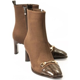 Resim Kadın Süet Bot Tokalı Kroko Detaylı Topuklu Fermuarlı Kahve Lureva Kahverengi 