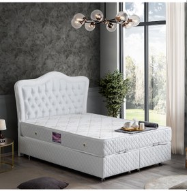 Resim Setaymobilya Baza, Camelli Çift Kişilik Beyaz Baza + Başlık + Deluxe Yatak 