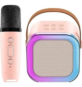 Resim Mepa Tedarik Karaoke Kablosuz Hoparlör Mikrofonlu Rgb Işıklı Bluetooth Speaker Tf Kart/Usb Pembe 