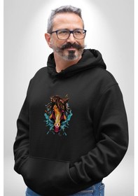 Resim At Kafası Renkli Kadın Erkek Siyah Kapüşonlu Sweatshirt Hoodie Siyah 