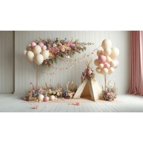 Resim Venspor Pastel Çiçek ve Balon Temalı Çadır Arkaplan 200 x 150 cm Fon Duvar Örtüsü 