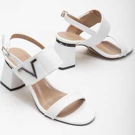 Resim Kalın Bantlı Topkalı Cilt Beyaz Kadın Topuklu Sandalet-2902-beyaz Beyaz 