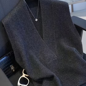 Resim Kadın Şık Koyu Gri V Yaka Hırka - Kolsuz, İlkbahar & Sonbahar için Katmanlı Giyim, Şık Düz Renk Tasarım, Günlük veya Resmi Kombinler için Mükemmel, Çok Yönlü Moda, Sofistike Stil, Kaliteli İşçilik 