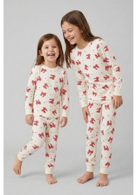 Resim Ekru Renk Kırmızı Fiyonk Baskılı Kız Çocuk Pijama Takımı Ekru 