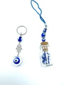 Resim Ennea Art Cam Şişe Nazar Boncuğu Araba Dikiz Ayna Süsü + Anahtarlık El Yapımı Hediyelik Aksesuar Seti 