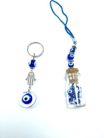 Resim Ennea Art Cam Şişe Nazar Boncuğu Araba Dikiz Ayna Süsü + Anahtarlık El Yapımı Hediyelik Aksesuar Seti 