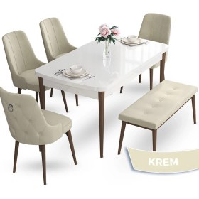 Resim Canisa Concept Nev Serisi, 80X132 Beyaz Masa Ceviz Ayak Masa Takımı, 4 Sandalye Gümüş Halkalı 1 Bench 