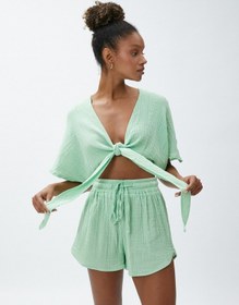 Resim Koton Crop Yoga Tişört Müslin Kimono Görünümlü Bağlama Detaylı Yeşil 3sak10004nw 3SAK10004NW790 Yeşil 