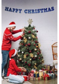 Resim Lacivert Happy Christmas Yazılı Banner , Özel Gün, Davet Organizasyonu ,yeni Yıl, Yılbaşı Sofrası, Simli Eva Banner 