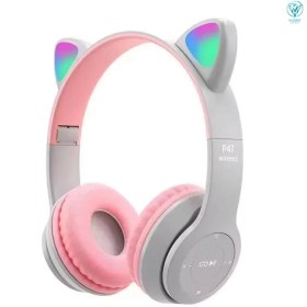 Resim İVOTECH Kablosuz Bluetooth Kulaküstü Kedili, Ledli, Işıklı Kedi Desenli Kulaklık, Gri & Pembe 