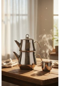 Resim Yunusoğlu Home Aletta Büyük Boy Paslanmaz Çelik Çaydanlık Metal Kulp Aile Boy Kullanım 1.6l+2.5l Gri 