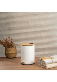 Resim Bambu Kapaklı Pedallı Metal Çöp Kovası - 5 Lt. - Beyaz Beyaz 