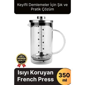 Resim Çok Amaçlı Isıyı Koruyan Süzgeçli Bitki Çayı Filtre Kahve Demlik Ölçü Kabı Cam French Press 350 ml 