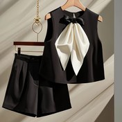 Resim Kadınların Zarif Kolsuz Crop Top & Yüksek Bel Şort Takımı - Siyah ile Beyaz Kurdele Detayı, Polyester, Bahar/Yaz için Mükemmel, Şık Kıyafet|Zarif Görünüm|Polyester Kumaş 