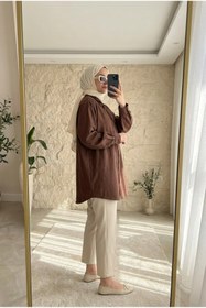Resim Kirazca Butik Kadın Trend Fular Yaka Oversize Tesettür Gömlek 