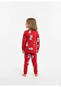 Resim Unisex Kardan Adam Desenli Pijama Takımı Kışlık %100 Pamuk Kırmızı 
