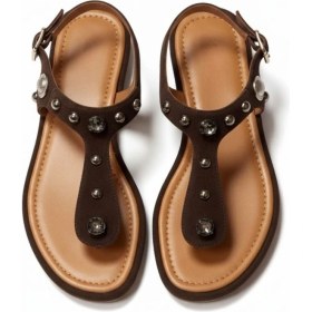 Resim Ne&Ve Shoes Süet Hakiki Deri Taş ve Trok Detaylı Parmak Arası Arkadan Tokalı Sandalet 