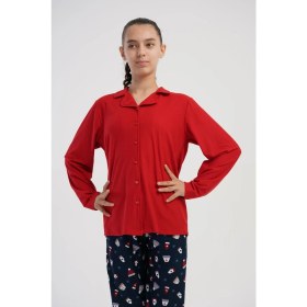 Resim Obje Kız Çocuk Kırmızı Marla Düğmeli Gömlek Yaka Uzun Kol Pijama Üstü 