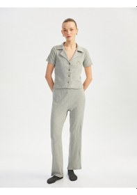 Resim Koton Kısa Kollu Gömlek Yaka Pamuklu Pijama Takımı Gri Melanj 5slk40106mk Gri Melanj 