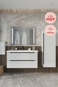 Resim BALNEOM Banyo Kadife Beyaz Parlak Hıgh Gloss %100 Mdf 100 Cm Banyo Dolabı Ledli Aynalı Üst Dolap Boy Dolabı 