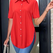 Resim Kadınlar için rahat uzun kollu gömlek, polyester, yaka yaka, düz renk, düğme detayları, tüm mevsimler, 120g/m² kumaş ağırlığı, dokuma, yetişkinler için 