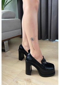 Resim Kadın Clara Sihay Rugan İnce Tokalı Lofer Model 12 Cm Platform Topuklu Ayakkabı-siyah Rugan Siyah 