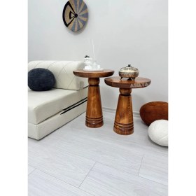 Resim Ahşap 2'li Set Mantar Yan Sehpa Modern Açık Ceviz Fiskos Zigon Çiçeklik 