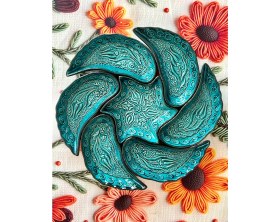 Resim Mugusa Hediyelik El Yapımı Çini Seramik Kabartma Desenli Rüzgargülü Modeli Turkuaz / Yeşil Kahvaltılık - Çerezlik 