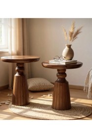 Resim AYLESA Doğal Ahşap 2’li Set Mantar Yan Sehpa Modern Fiskos Zigon Çiçeklik 