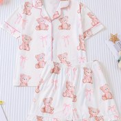 Resim TAANYUN Kızlar İçin Pijama Takımı 2 Parça; Yazlık Yeni Tarz Hırka; Sevimli ve Tatlı Pembe Ayıcık Desenli Fiyonklu; Yıkanabilir; Parti Giyimi Olarak Kullanılabilir; Evde Rahat Kısa Kollu Bol Kesim Çocuk Pijamaları 