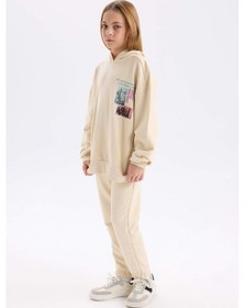Resim DeFacto Kız Çocuk 2'li Takım Bisiklet Yaka Baskılı Sweatshirt Beli Lastikli Jogger Eşofman Altı D4057A824WNER42 Ekru 