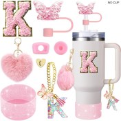 Resim 30oz 40oz Kaplar İçin 8 Adet Bardak Aksesuarı, Kelebek Saman Kapak, Silikon Bot, Alfabe Sapı, Baş Harf Sticker, 2 Adet Dökülme Önleyici Tıpa, Kalp Kanca, Aşk Peluş Topu, En İyi Noel İçin, Şükran Günü İçin Mükemmel 