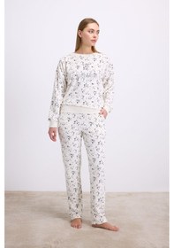 Resim Man11592-1004 Anil Ev Giyim Anıl Kadın Yıldız Desenli Tencel Pamuklu Sweatshirt Ve Pantolon Takımı 11592 Ekru 