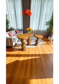 Resim Masif Tik Renk Ahşap Yan Sehpa 3 Lü Yan Sehpa Zigon Seti Kahverengi 